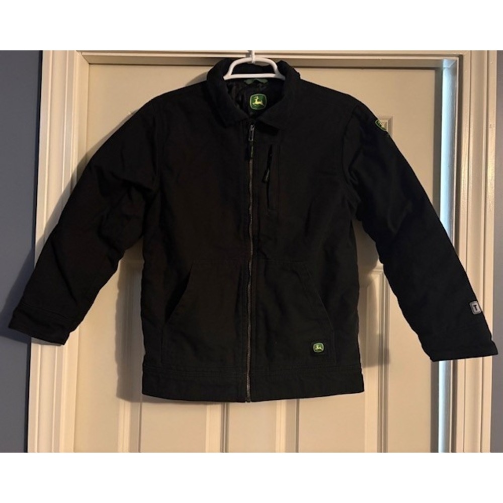 Black John Deere kids jacket, size 10/12, corduroy collar, quilted lining, EUC